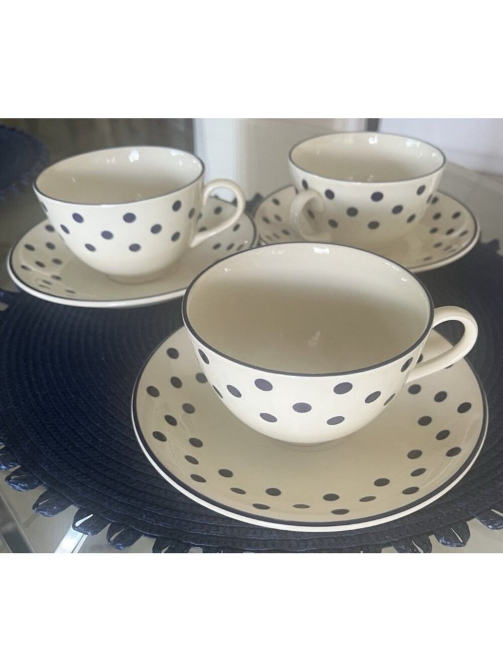 3 Sets Of Poole Pottery Ceramic Teacups & Saucers White/Navy Polka Dot England